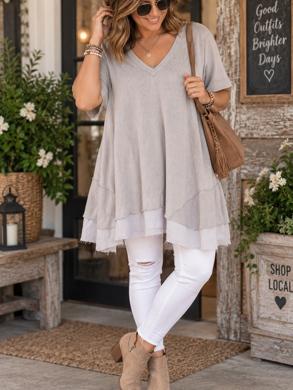 GiGiO Plus 1XL Gray Boho Layered Raw Hem V-Neck Tunic Top Cotton Linen Blend